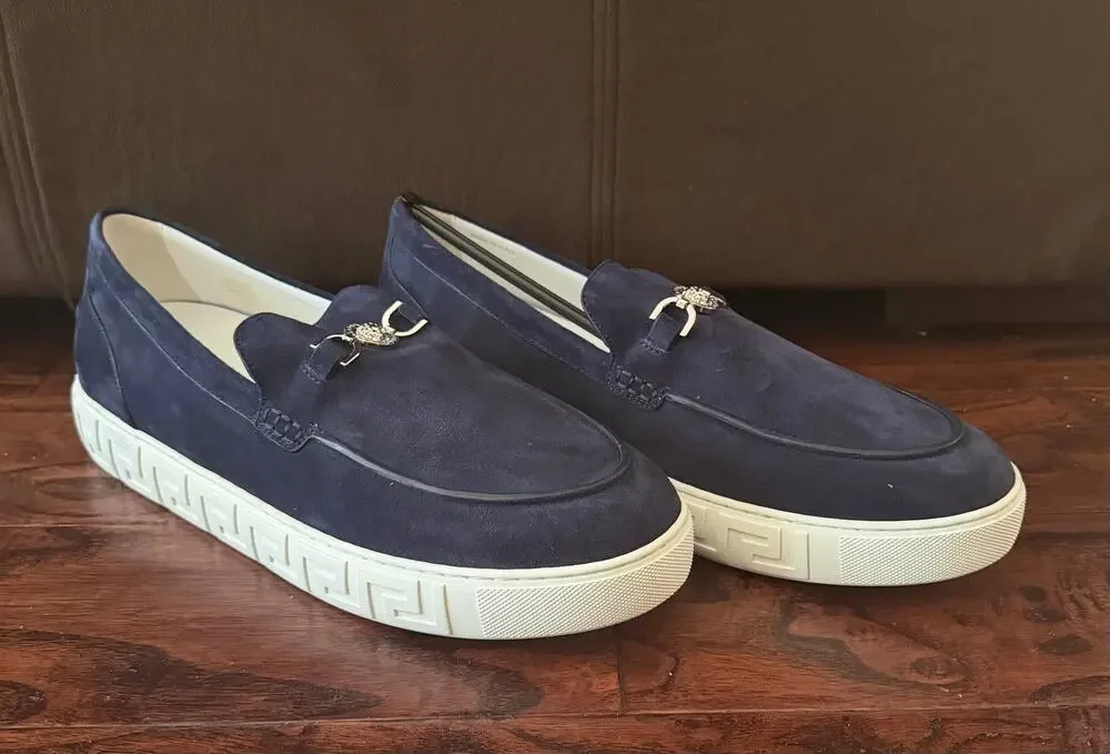 $925 NIB Versace Medusa 95 Greca Suede Loafers Navy Men's EU 46 US 13